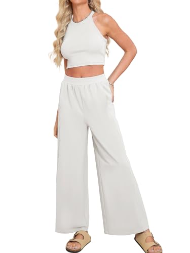 Glamaker Women's 2 Piece Summer Set Crop Tank Top Wide Leg Pants Loungewear Set