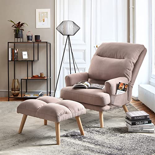 Living Room Chair,Living Room Set with Recliner Accent Chair and Ottoman with Side Bags,Pink Linen
