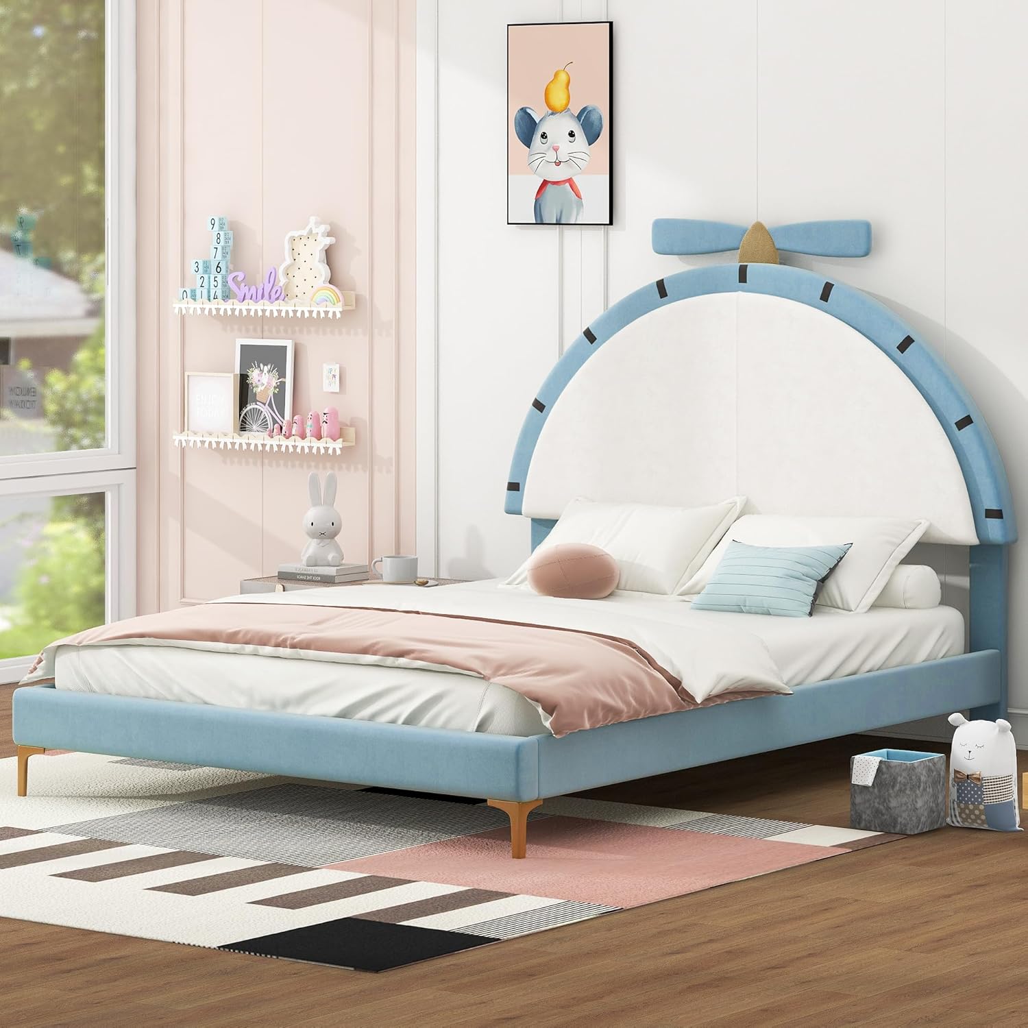Full Size Upholstered Platform Bed with Alarm Clock Shaped Headboard, Kids Cute Bed w/Wood Slats Support for Bedroom, No Box Spring Needed, Blue