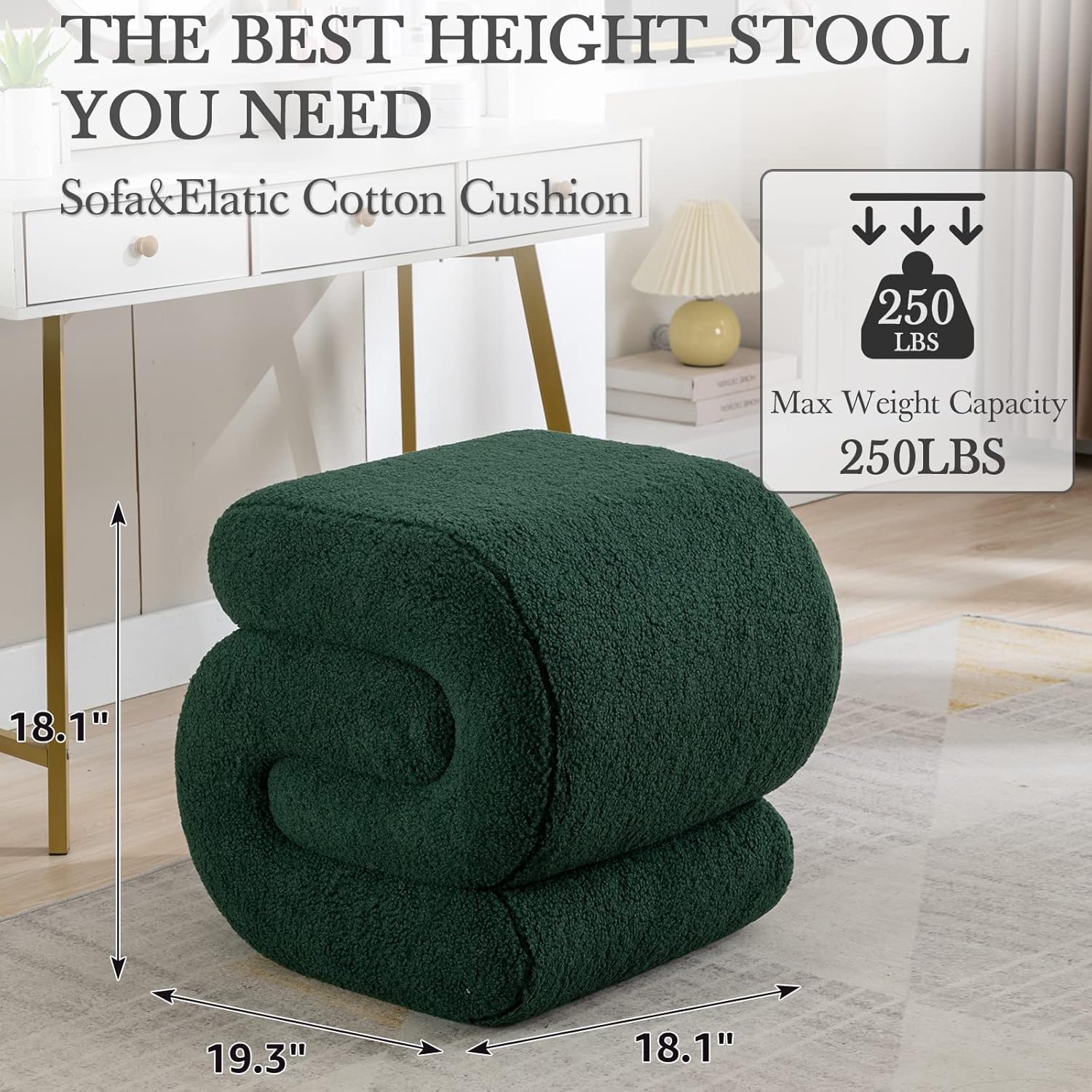 LETESA Modern Teddy Fabric Upholstered Ottoman, Exquisite Small End Table, Soft Foot Stool with S-Shape, Dressing Makeup Chair, Comfortable Seat for Living Room, Bedroom (Green Teddy, S-Shape)