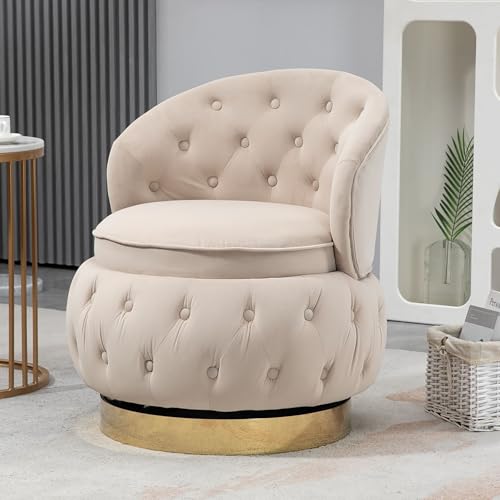 Modern Swivel Accent Barrel Chair with Storage, Comfy Barrel Chair with Tufted Button and Cozy Cushion for Living Room Bedroom Office, Velvet Gold Base Mid Backrest (Red)