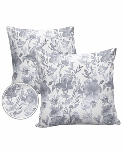 ALAGEO Outdoor Waterproof Pillow Covers for Patio Furniture Watercolor Flower Decorative Throw Pillow Cover Gray Floral Plant Pillowcases Set of 2 Cushion Case for Sofa Couch Home Decor 26x26 inch