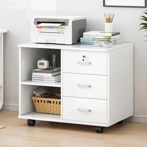 3 Drawer Wood File Cabinet with Wheels, Rolling Office Storage Cabinet, Mobile Lateral Filing Cabinet, Printer Stand with Open Storage Shelves for Home Office White