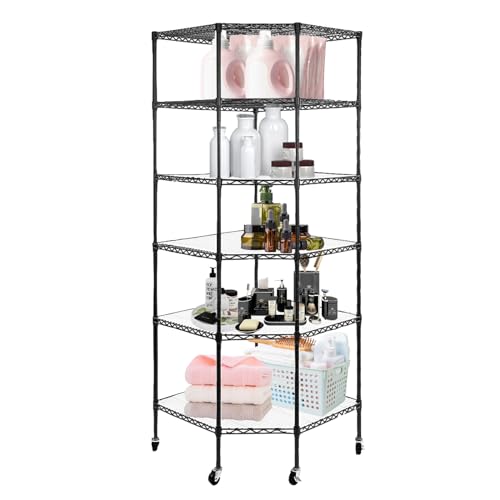 6 Tier Metal Corner Shelf, Polygonal Corner Wire Shelf with Wheels and PP Panels, Adjustable Heavy Duty Corner Storage Shelf for Garage, Basement, Kitchen, Living Room, 27