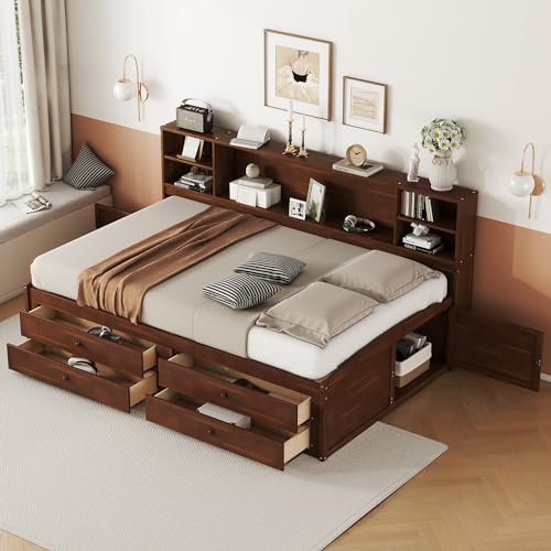 Twin Size Platform Bed with Storage Drawers and Headboard, Pine Wood Daybed with Desk Chair Set and Shelves for Kids Boys Girls, Natural+White