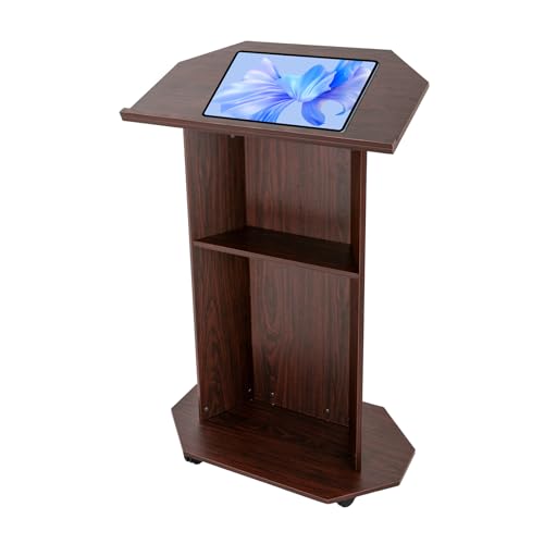 Floor Standing Podium 17.5'', Conference Presentation Stand with 4 Rolling Wheels, Movable Desk Classroom Church with Storage Shelves and Slant Desktop Lecterns for Conference Classroom (Oak Color)