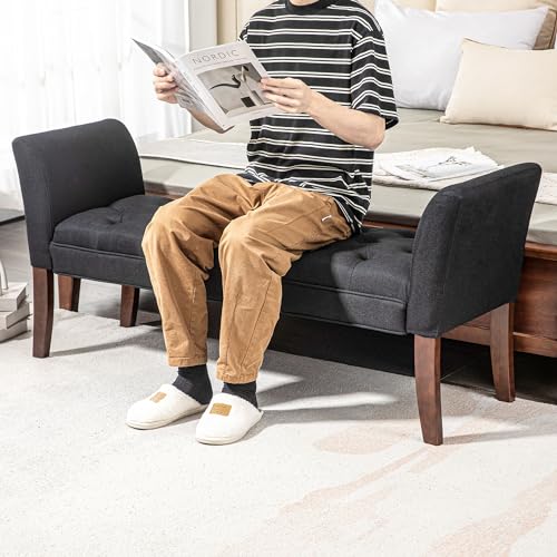 HOMCOM End of Bed Bench with Button Tufted Design, Upholstered Bedroom Entryway Bench with Arms and Solid Wood Legs for Bedroom, Black