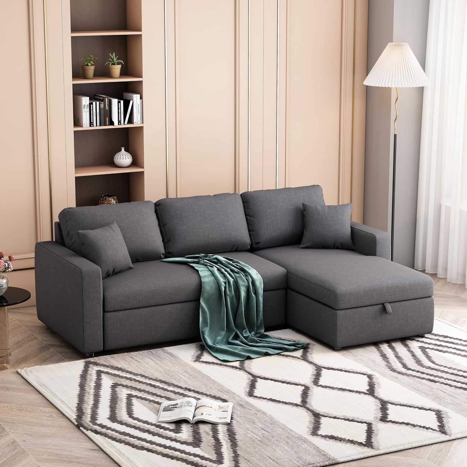 Overstock Upholstery Sleeper Sectional Sofa Grey with Storage Space, 2 Tossing Cushions