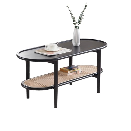 ZSARTS Rattan Coffee Table, 2-Tier Wood Center Table with Open Storage Shelf, Oval Tea/Side/Sofa Table for Living/Meeting Room,Bedroom, Office, Apartment, Small Spaces, Walnut