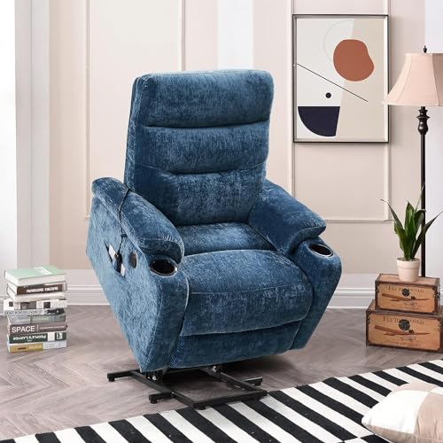 Linen Fabric Electric Power Lift Recliner Chair for Elderly with Massage and Heat, Modern Recliner&Armchair W/Side Pockets, 2 USB Ports & Cup Holders for Living Room, 38.3