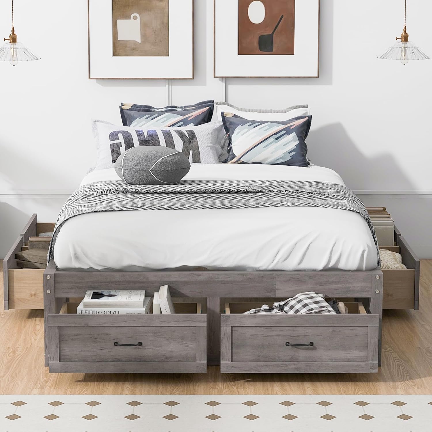 Full Size Platform Bed with 6 Storage Drawers,Antique Gray 76.8X 56.3X 15.9 inch(LxWxH)