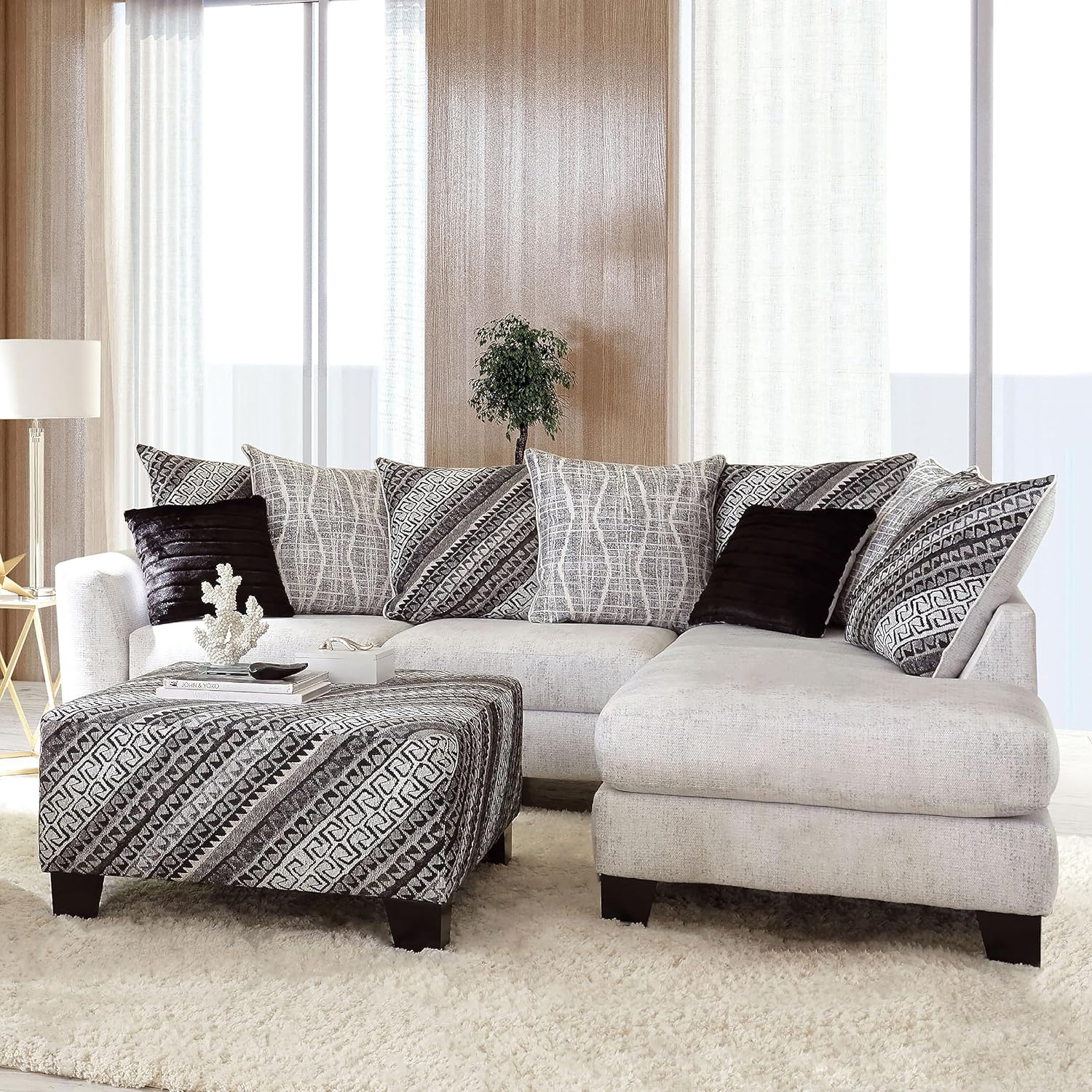 Furniture of America Mithril Transitional Fabric Upholstered L-Shaped Sectional, Reversible Zipper Cushions and Loose Pillow Backs for Living Room, Apartment, Home Office, Off-White and Black