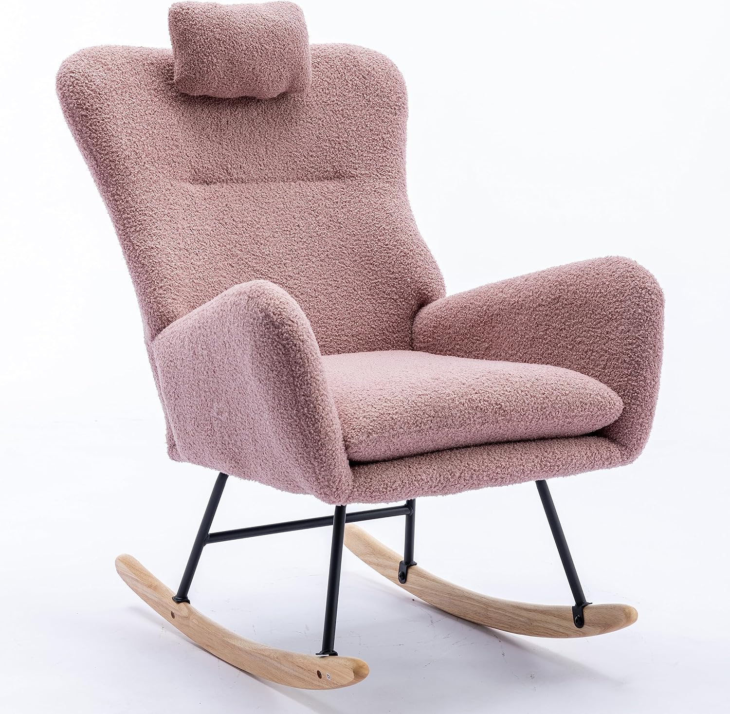 Modern Teddy Velvet Rocking Chair for Nursery, Rocker Glider Chair with Armrests, Upholstered Accent Chair with High Backrest, Tufted Wing Back Comfy Armchair for Bedroom/Living Room