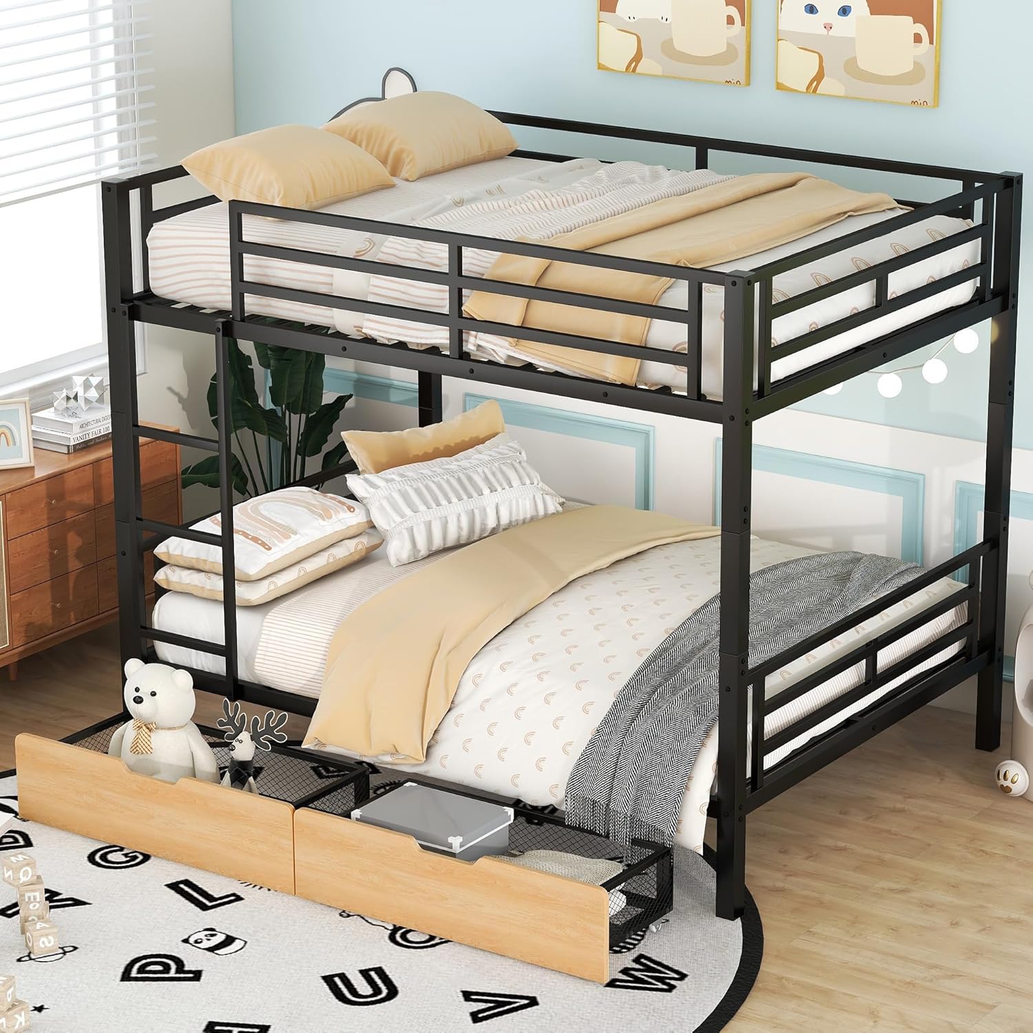Metal Full Over Full Bunk Bed with 2 Drawers,Heavy Duty Convertible Bedframe for Bedroom,Black