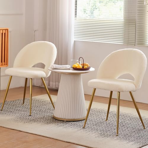 Boucle Dining Chair Set of 4,Modern Sherpa Upholstered Dining Room Chair with Golden Metal Legs,Round Back Side Faux Fur Chairs for Kitchen Dining Room Living Room