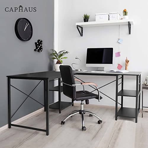 CAPHAUS Computer Desk, 51 Inch L-shaped Home Office Desk with 2-Tier Storage Shelves, Study Writing Corner Desk, Industrial Modern Laptop Workstation with Iron Hook, Rustic Oak and Black P2 Board