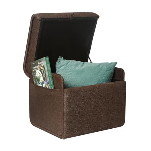 Homebeez Rectangular Storage Ottoman Cube Footrest with Side Pocket, Ice Blue Linen Fabric Foot Rest Stool Ottoman with Storage for Living Room Bedroom