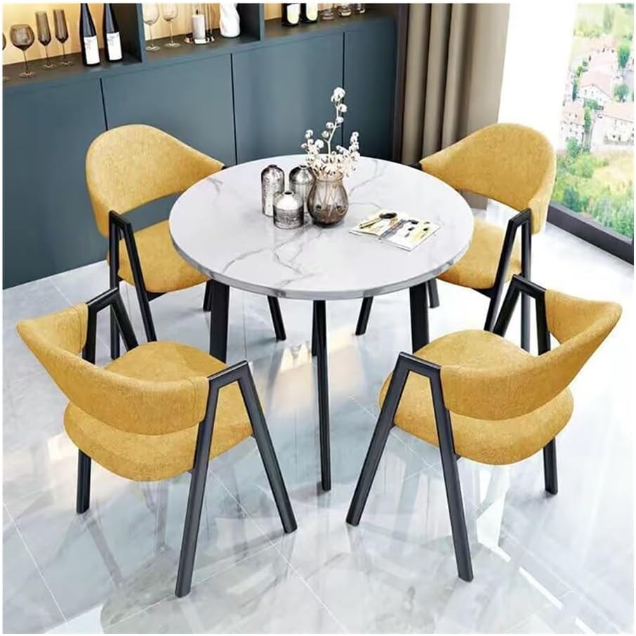 Round Dining Table Set for 4, Faux Marble Modern Kitchen Table and Chairs Set Modern Casual Coffee Table Set Meeting Spaces(White,Yellow 2)