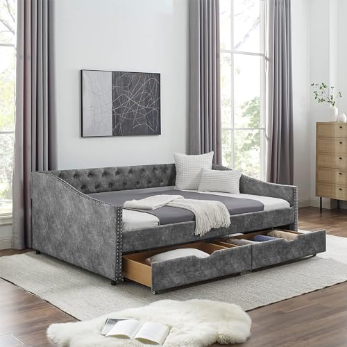 Daybed with Drawers, Modern Velvet Upholstered Full Size Day Bed Button-Tufted Sofa Daybed Frame with Double Drawers, No Box Spring Needed, Furniture for Bedroom Living Room Guest Room