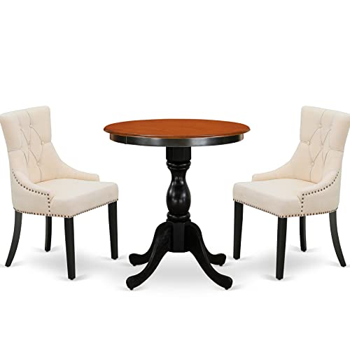 East West Furniture ESFR3-BCH-02 Eden 3 Piece Modern Set Contains a Round Wooden Table with Pedestal and 2 Light Beige Linen Fabric Parson Dining Chairs, 30x30 Inch, Black & Cherry