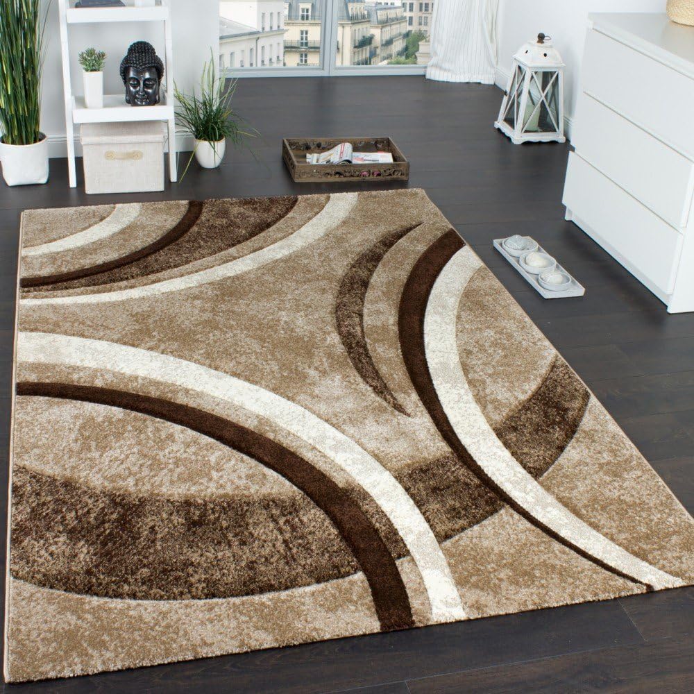 Area Rug with Contour Cut Striped Pattern Brown Beige and Cream Mixture, Size:5'3