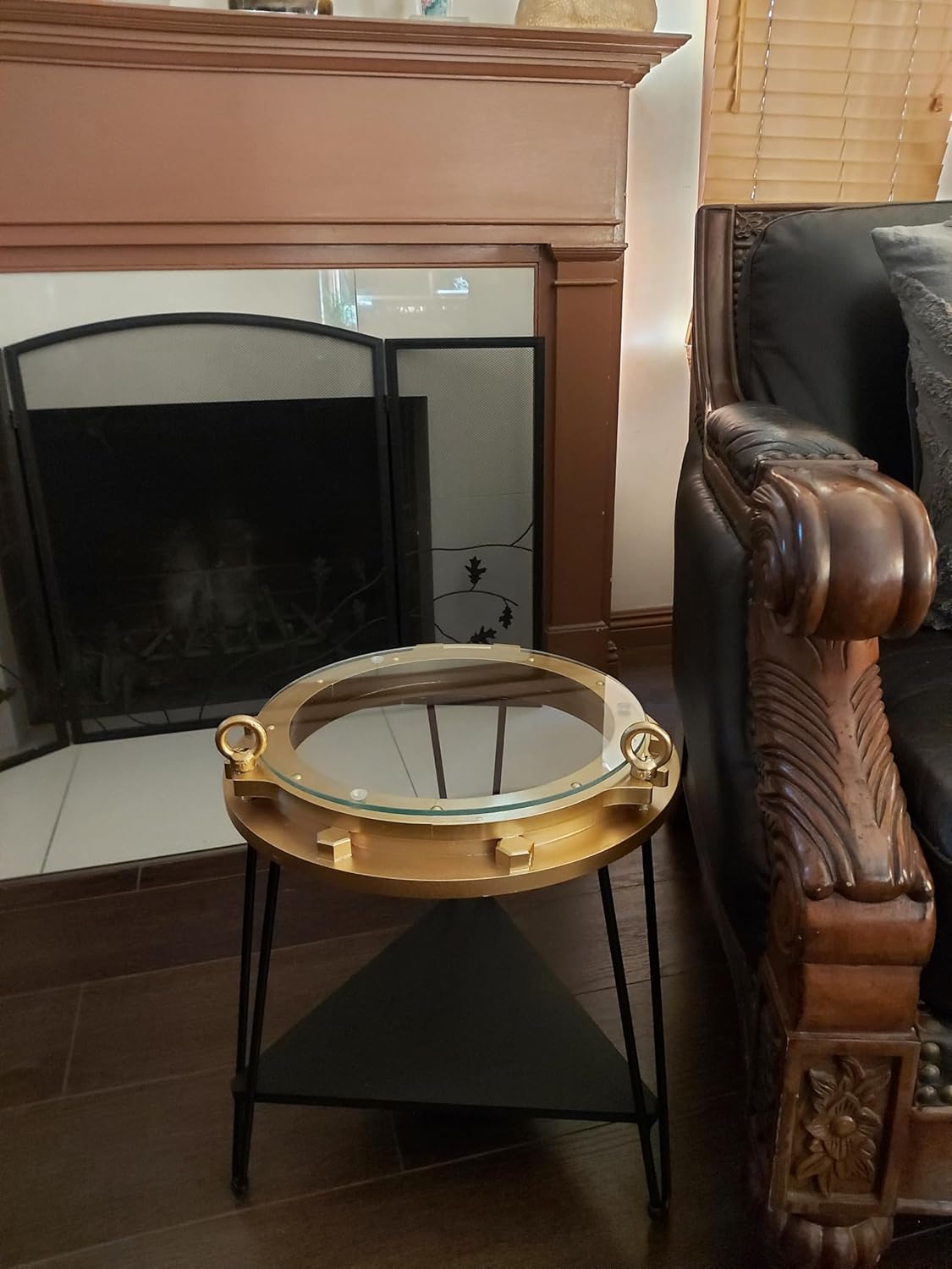 DRH - Nautical Wood Ship Porthole Table - Gold Color with Black Metal Legs - Round Accent Table for Beach House and Boats - Coastal Theme - Perfect as Coffee Table and End Table