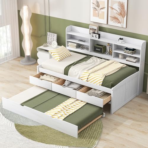 Twin Size Daybed with 4 Storage Drawers and Shelves, Wooden Twin Platform Bed Frame with L-Shaped Headboard and Slats Support, Corner Bed Twin Captain Beds for Kids Boys Girls Teens, Gray