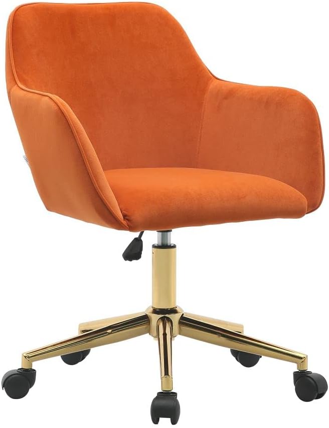 Dolonm Modern Velvet Fabric Material Adjustable Height 360 revolving Home Office Chair with Gold Metal Legs and Universal Wheels for Indoor,Orange