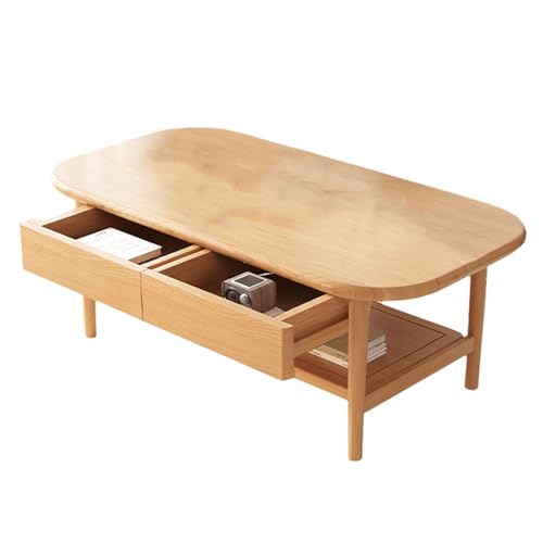 2-Tier Coffee Table, Mid Century Solid Wood Oval Center End Table, with 2 Drawers and Open Storage Shelf, for Living Room, Apartment,B
