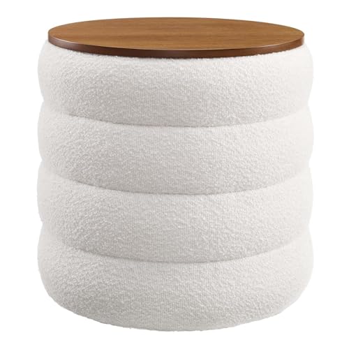 Modway Mezzo Round Boucle Fabric Storage Ottoman Stool in Cloud - Channel Tufted Ottoman - Upholstered Footrest - Versatile End or Side Table with Storage