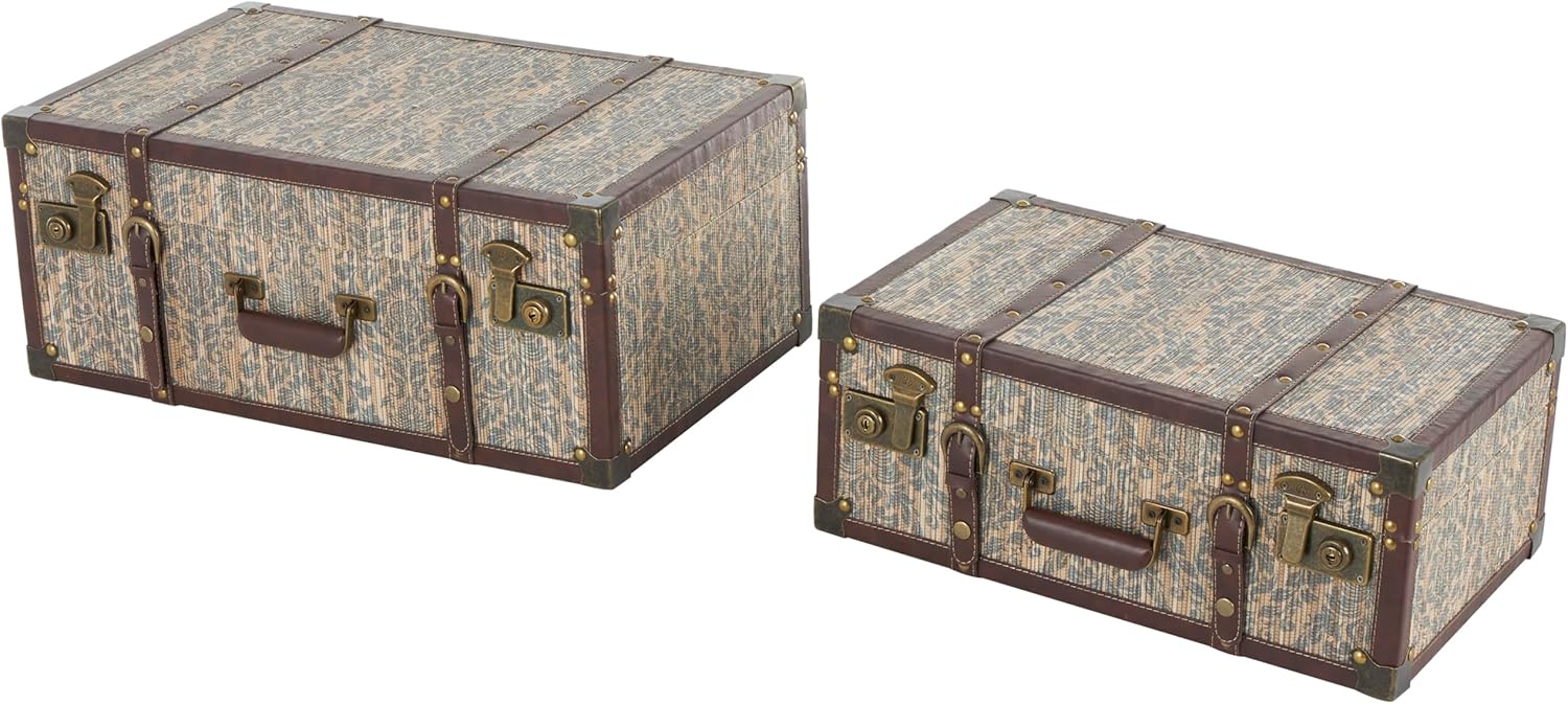 Deco 79 Wooden Floral Decorative Trunk Vintage Storage Decorative Large Boxes with Brown Leather Accents and Gold Studs, Set of 2 Storage Trunks 24