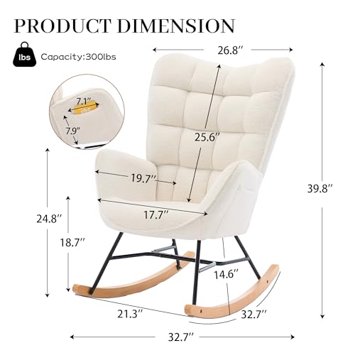TeddyVelvet Rocking Armchair, Rocking Teddychair with Bigger Backrest & Pocket, Upholstered Accent Armchair, Modern Glider Rocker Chair for Living Room Bedroom Balcony