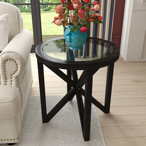 End Table with Clear Round Tempered Glass Top, Modern Corner Table with Black Solid Wood Base, Modern End Table Furniture for Living Room and Office (End Table-1 Pcs, Black)
