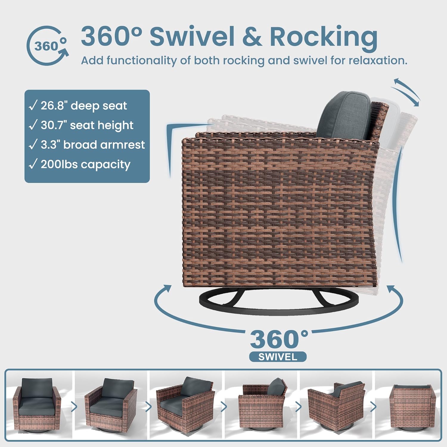 Amopatio Patio Furniture 7 Peces Wicker Outdoor Sectional Sofa Sets, Rattan Conversation Set with Storage Table, Swivel Chairs for Backyard, Pool, Grey（Include Waterproof Covers ）