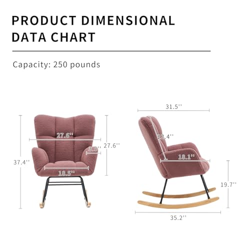 Nursery Rocking Chair, Upholstered Teddy Fabric Glider Rocker with High Backrest, Comfy Accent Chair with Dual-Sided Magazine Pockets for Living Room, Bedroom, Baby Nursing and Reading (Pink)