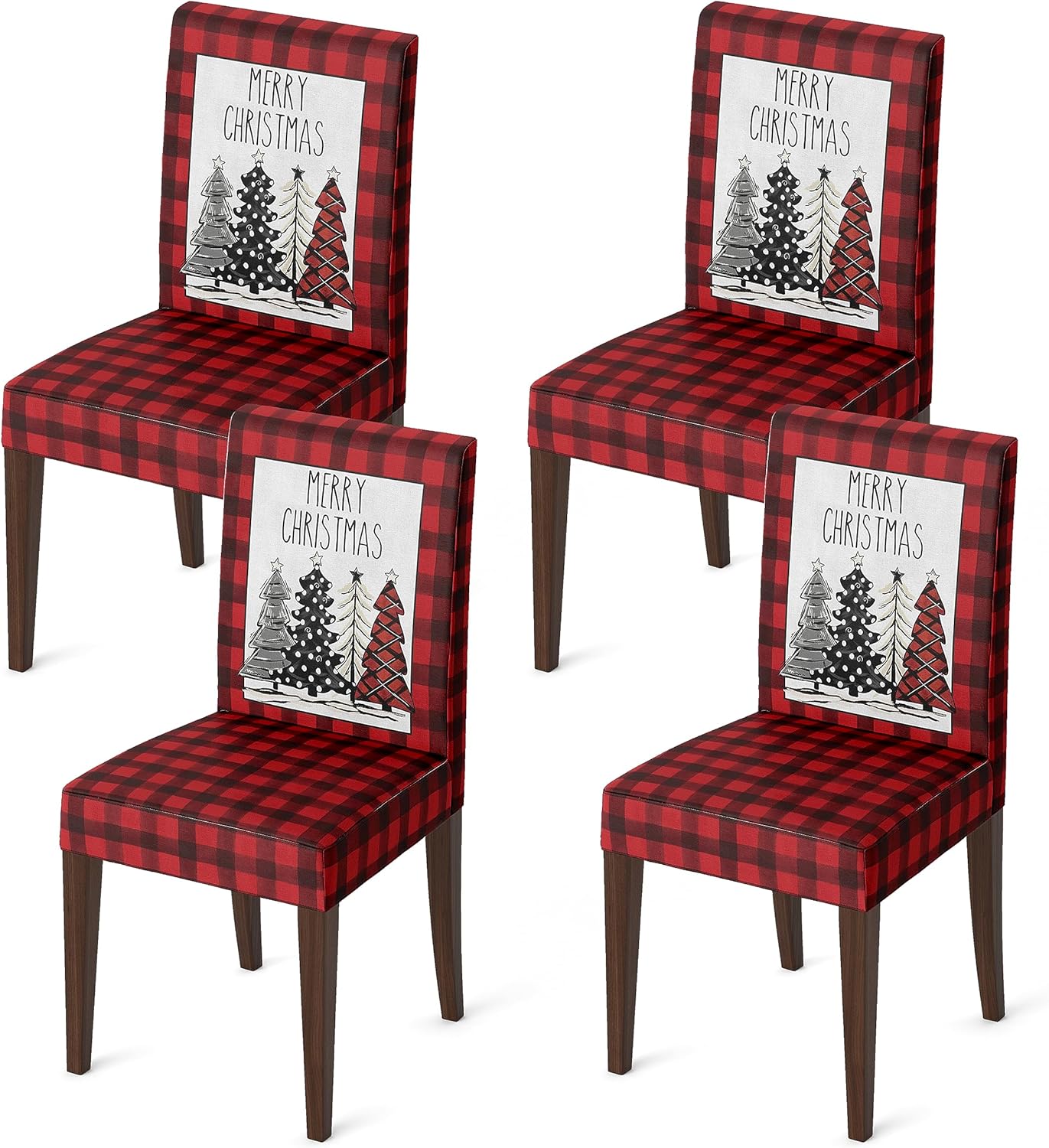 Horaldaily 4PCS Christmas Dining Chair Covers, Buffalo Plaid Trees Red Stretch Removable Washable Slipcover Chair Protector for Dining Room Home Decor
