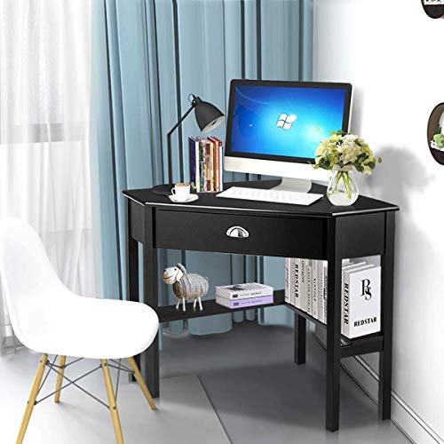 Corner Computer, Triangle Cornerr Wood, Sturdy Steel Frame for Workstation with Storage Drawer & Shelves, Writing Smooth Compact Home Office Desks, Black