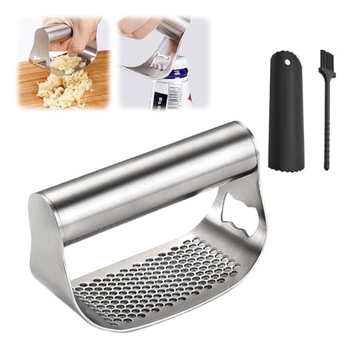 Stainless Steel Garlic Presser, 2024 New Garlic Press Rocker Garlic Mincer Garlic Crusher with Peeler and Cleaning Brush, Stainless Steel Garlic Mincer for Smash Garlic Kitchen Tools (A)