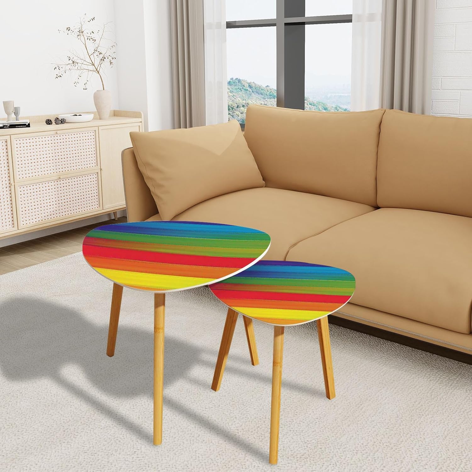 Nesting Coffee Table Set of 2 Colorful line abstract colorful for your business business web site Leisure Tea Table End Table Minimalist Room Furniture Side Table for Living Room Office Balcony