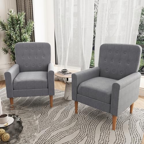 Fabric Accent Chair Set of 2, Mid Century Modern Armchair, Comfy Sofa Chair with Wooden Legs, for Living Room, Bedroom, Office, Reception Room(Grey)