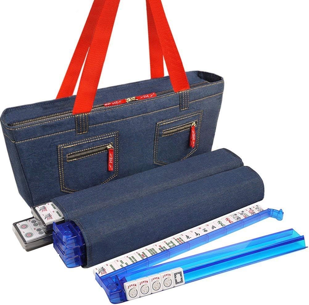 Linda Li New! - American Mah Jongg Set 166 Premium White Tiles, 4 All-in-One Rack/Pushers, Denim Blue Soft Bag - Stylish Full Size Complete Mahjong Set