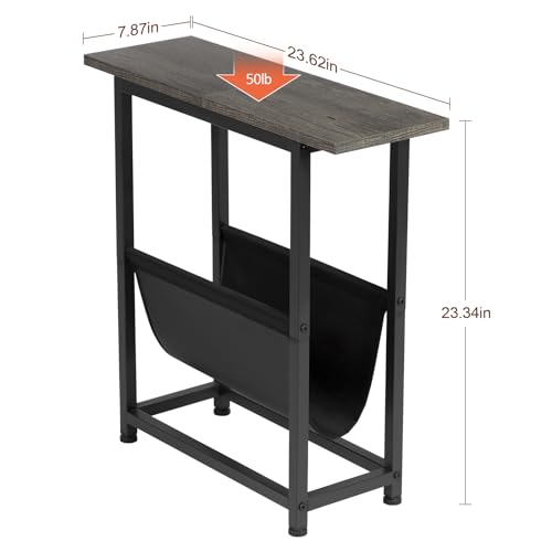Narrow Side Tables Set of 2, Slim End Tables Living Room for Small Spaces, Skinny Snack Couch Table with Magazine Holder, Metal Frame, HETN02DG