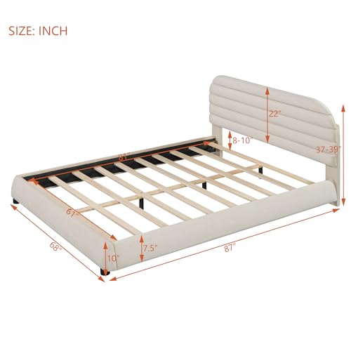 Modern Minimalist Queen Size Upholstered Platform Bed with Shell-Shaped Headboard, Velvet Fabric Grounded Bed Frame with Sturdy Slat Support for Bedroom,No Box Spring Needed (Light Blue@077)