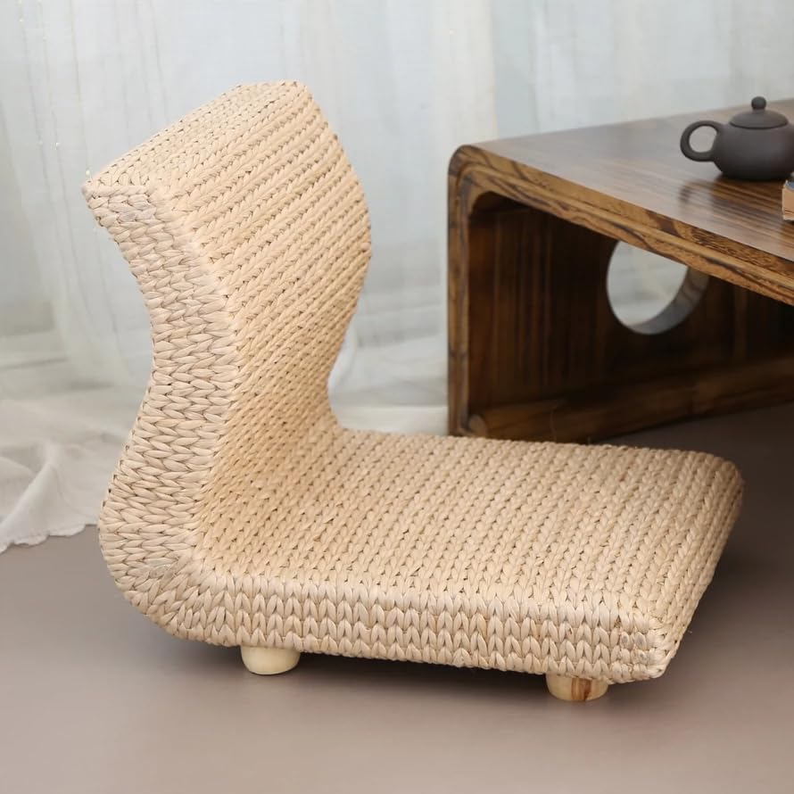 Handmade Rattan Floor Legless Zaisu Chair Straw Tatami Seats Backrest Chair for Balcony Bay Window Office Living Room Bedroom (Made from Banana Leaf), Natural, TA41B