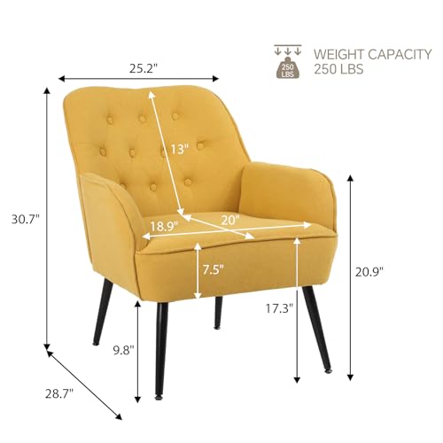Accent Chair, Mid-Century Modern Upholstered Button-Tufted Single Reading Armchair with Linen Fabric + Solid Iron Frame, Sofa Chair for Living Room, Bedroom, Lounge, Balcony (Turquoise)