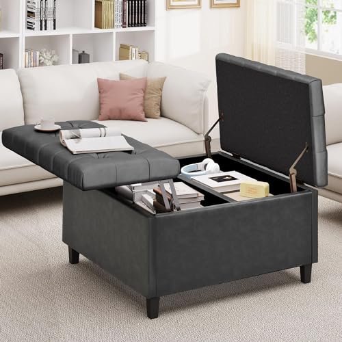 YITAHOME Storage Ottoman Coffee Table, Lift Top Square Ottoman with Storage Tufted Upholstered for Living Room, Bedroom, Office, Dark Grey