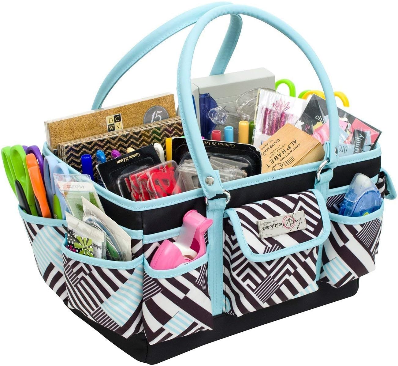 Everything Mary Teal Geometric Deluxe Store and Tote - Storage Organizer Bag for Crafts, Sewing, Paper, Art, Desk, Canvas, Supplies Storage Organization - Travel Art Box with Handle