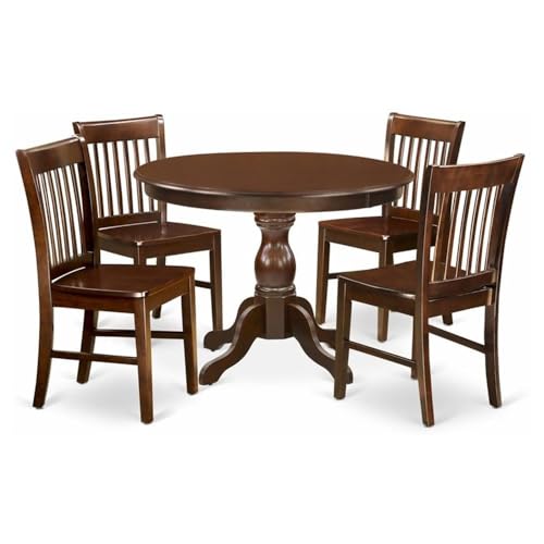 East West Furniture HBNF3-MAH-C Hartland 3 Piece Room Set Contains a Round Kitchen Table with Pedestal and 2 Linen Fabric Upholstered Dining Chairs, 42x42 Inch