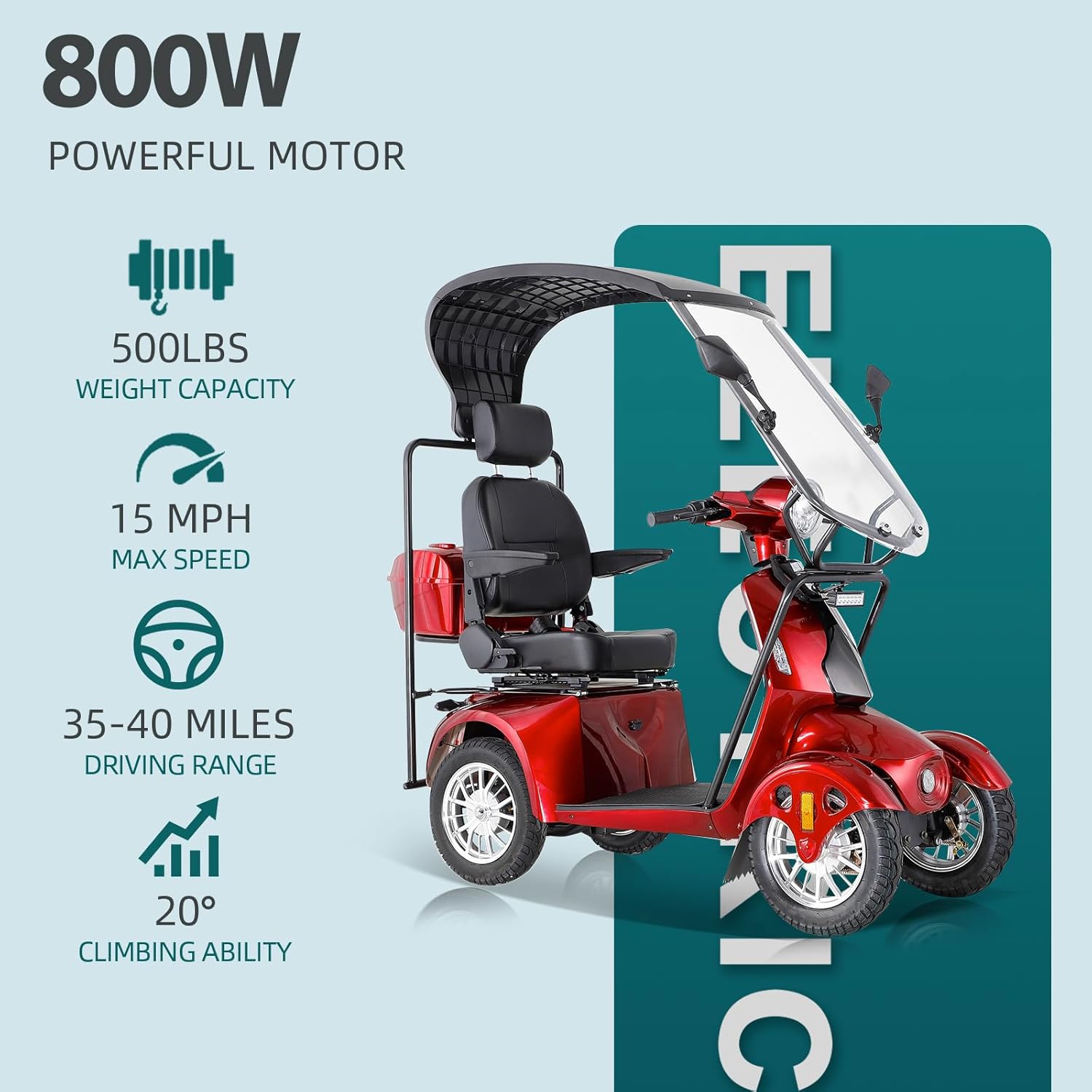 Heavy Duty Mobility Scooter with Roof & Windshield - Electric Powered Wheelchair for Seniors & Adults 500lbs Capacity- 800W Fast Mobility Chair with Long Range Battery Remote Keys