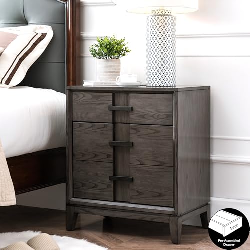 Leick Home 9076 Tableau Nightstand Side Table Three Drawer Rustic Modern USB-C Fast Charging Station A/C and USB Charging Port Integrated Solid Wood Living Room Bedroom Office, Distressed Riverstone